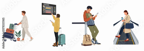 Diverse travelers in an airport terminal managing luggage, checking flight departures, and using smartphones in a modern flat illustration style.
