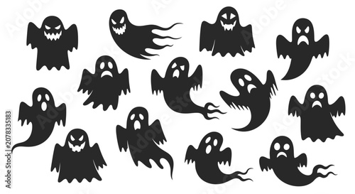 Foto Group of Playful Cartoon Ghost Silhouettes in Monochrome.