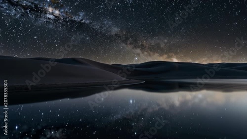 Glowing Milky Way and countless stars above silent desert dunes reflected in calm water creating a peaceful cosmic wilderness landscape with serene night atmosphere and dreamlike natural beauty
