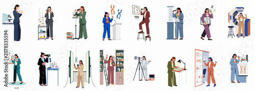 Foto Collection of professional women in STEM conducting genetic research, biotechnology experiments, and scientific analysis in various laboratory and field settings