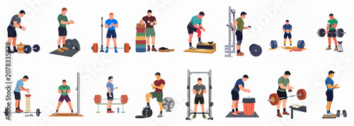 Quadro su tela Flat vector illustration set of male powerlifters and weightlifters preparing for training by applying chalk to their hands in various gym settings