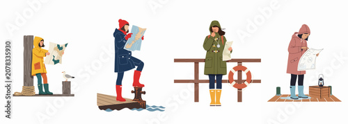 Foto Vector illustration set of a young woman in colorful raincoats and boots exploring coastal piers while holding and reading a map