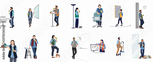 Collection of diverse office professionals enjoying healthy green smoothies while working in modern workspaces, flat vector illustration set.