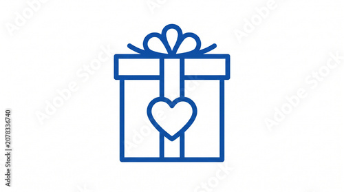 Minimalist gift box icon with heart, blue outline, single-color