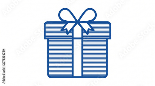 Blue outline gift box icon with ribbon bow