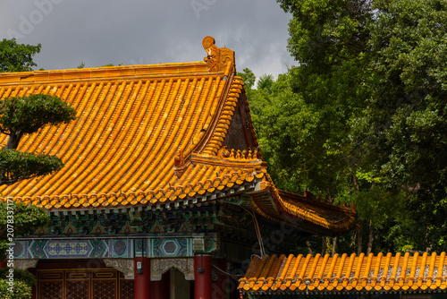Traditional chinese temple roof with lush green trees in background
