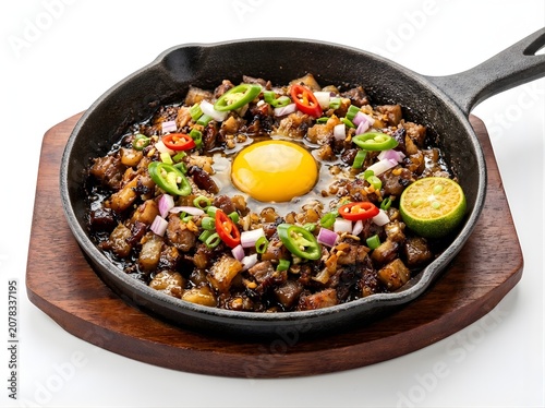 Sizzling pork sisig in hot cast iron plate with raw egg yolk chili peppers onions and calamansi for filipino cuisine