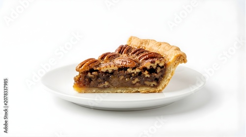 Slice of classic pecan pie on a small plate displaying flaky crust toasted nut texture and sweet sticky filling dessert