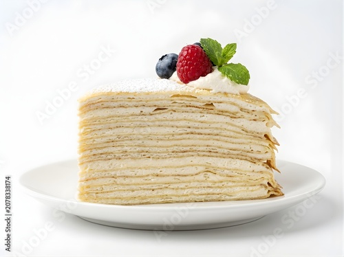 Slice of delicate layered crepe cake topped with fresh raspberry blueberry mint and cream filling for gourmet dessert menu