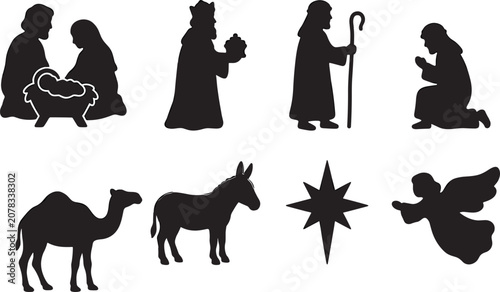 Cuadro en lienzo Black silhouette vector set of Christmas Nativity scene with Holy Family, wise men, animals, star, and angel