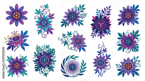 Bild auf Leinwand Collection of stylized purple and blue passion flowers with green leaves and vines, isolated on white background