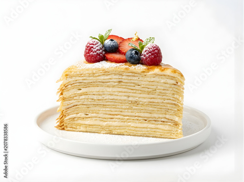 Slice of multilayer crepe cake topped with fresh berries and powdered sugar served on ceramic plate for dessert menu