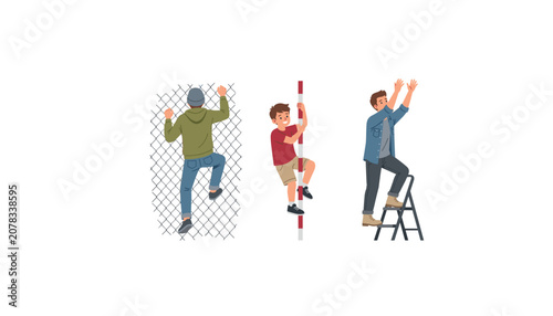 Konstfotografi People climbing set featuring man on chain link fence boy on pole and worker on