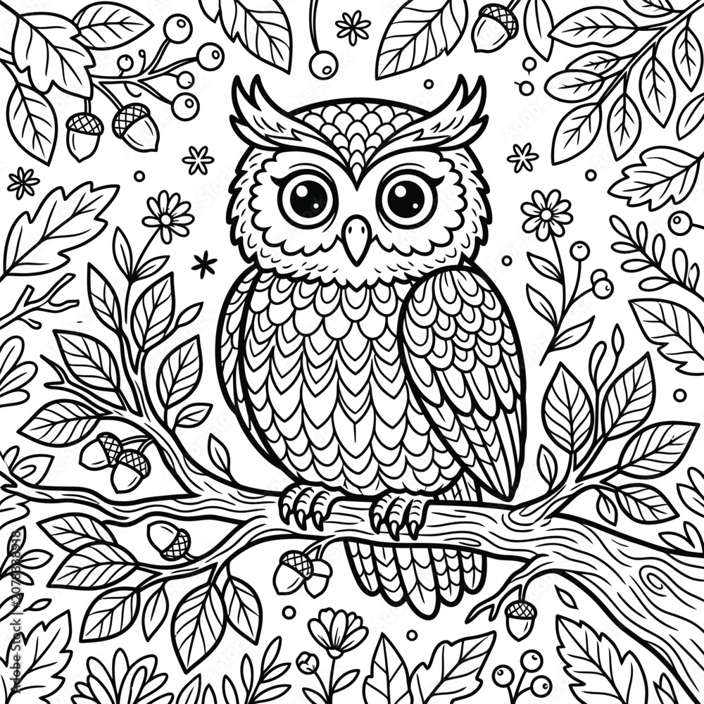 Fototapeta premium Whimsical Owl perched on a detailed branch with autumnal foliage and acorns vector illustration for coloring