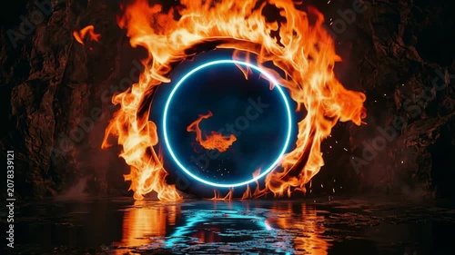 Neon portal ring glowing through swirling fire and sparks over dark water reflections creating a dramatic fantasy scene with vivid heat, flowing motion and a mysterious futuristic atmosphere