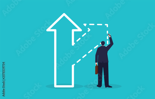 Change direction, strategy, and plans; the businessman draws an arrow pointing in the opposite direction on the arrowhead