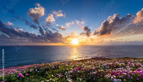 Sunrise Over A Serene Ocean With Fluffy Clouds And Delicate Flowers