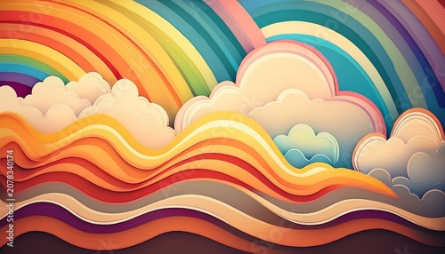 Abstract Rainbow Rainbows With Soft Cloud Elements In Muted Earth Tones