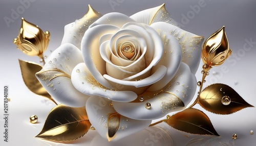 Elegant Open White Rose Flower With Water Droplets And Golden Stamens On White Background Ai Generated Image