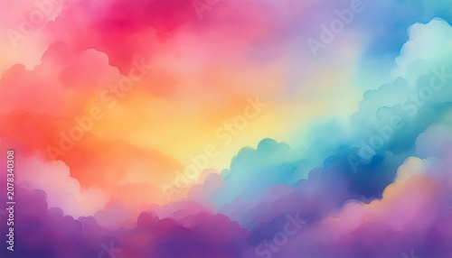 Watercolor Background Of Abstract Sunset Sky With Pastel Puffy Clouds In Colorful Rainbow Colors Of Red Pink Blue Green Yellow And Purple