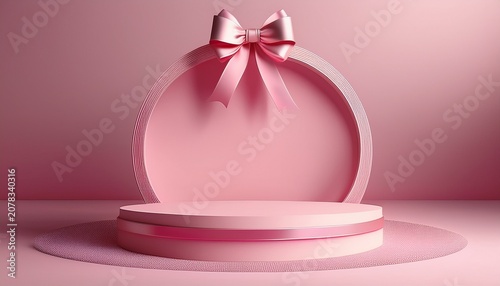 Blank Round Podium Pedestal In Sweet Exhibition Booth Gift Box Product Display Mockup Showcase Stand With Pink Pastel Color Ribbon Bow Isolated On Light Pink Background Minimal Conceptual D Rendering