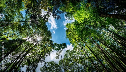 Skyward Gaze Through Dark Green Rainforest Canopy On Bright Sunny Day With Wispy Clouds