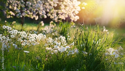 Spring Floral Garden With Grasses Wildflowers And White Blossoms