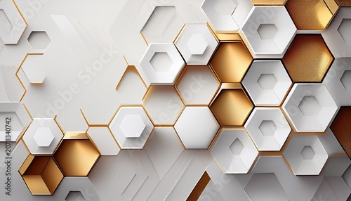 Abstract White Background With White And Gold Hexagons
