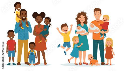 Konstfotografi PrintHappy smiling Black family with many children contrasted against stressed t