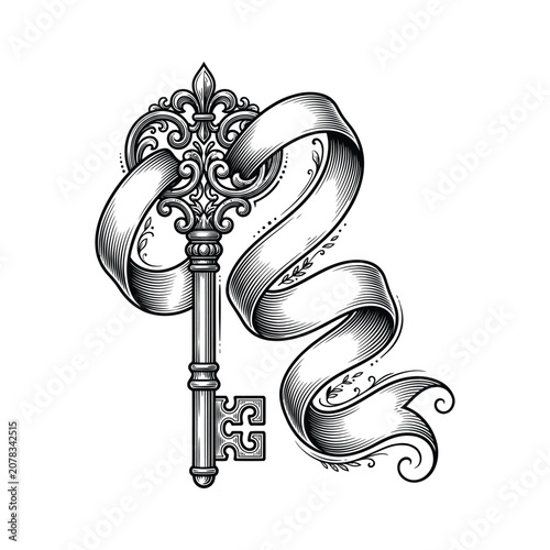 Ornate Vintage Key with Decorative Ribbon in Engraved Style Vector Illustration