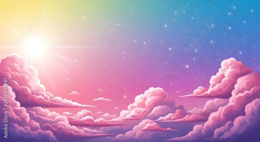 Naklejka premium Pastel sky with fluffy clouds and sparkling stars dreamlike celestial background