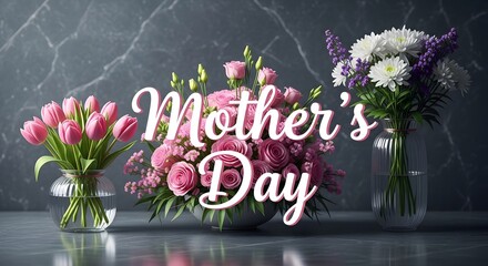 Mother's day bouquets of pink tulips roses white chrysanthemums and purple flowers in glass vases