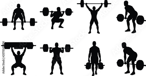 Tableau sur toile Collection of black silhouettes featuring male athletes performing heavy weightlifting, powerlifting, and strongman fitness exercises with barbells