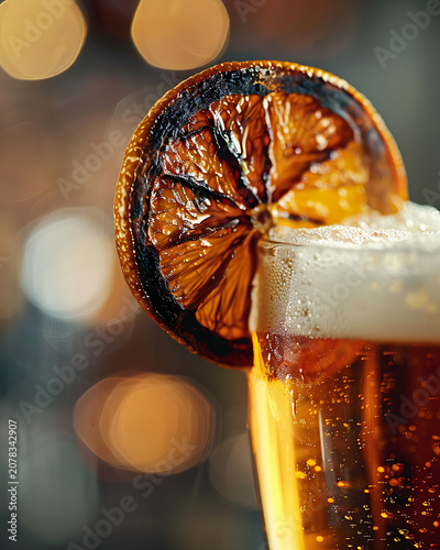 Sophisticated Close-up of Frosty Beer Glass with Dried Orange Slice Garnish and Aesthetic Warm Bokeh for High-end Craft Brewery Menus and Luxury Pub Promos