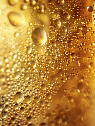 Stunning Extreme Macro Texture of Golden Beer Condensation Water Drops with Glowing Light for Summer Thirst-quenching Ads, Beverage Packaging and Abstract Backgrounds