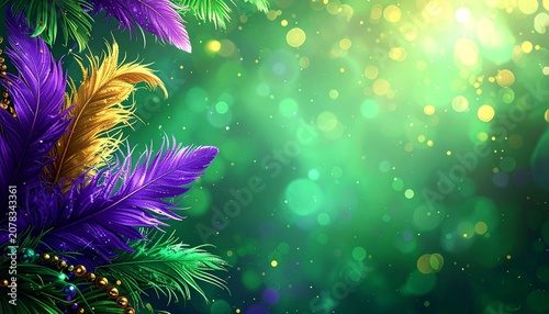 Mardi Gras background with copy space; features feather decorations and a bokeh effect against a vibrant green backdrop, suitable for Carnival or Purim celebrations.