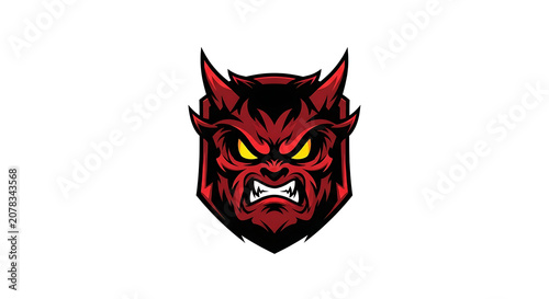 Fierce Red Devil Mascot Shield Emblem Graphic Design for Esport Gaming Team Logos and Intense Character Brand Identity Projects