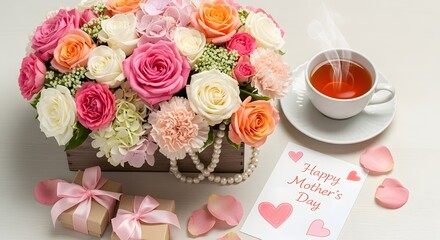Mother's day bouquet and gift arrangement with tea