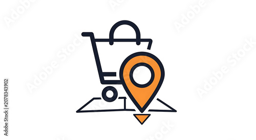 Shopping cart locator icon representing store location pin on map for local e-commerce delivery and retail tracking