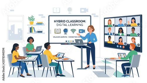 Billede på lærred Teacher conducting a hybrid classroom with online and offline students, modern f