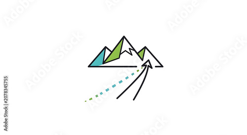 Minimalist mountain range illustration with a rising path and arrow symbolizing goal achievement and business progress success