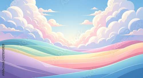 A dreamy pastel sky with rolling hills in soft, pastel colors, evoking a sense of peace and wonder