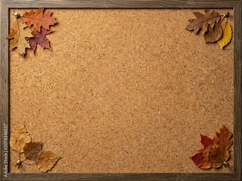 Autumn themed corkboard with wooden frame and fall leaves pinned in corners