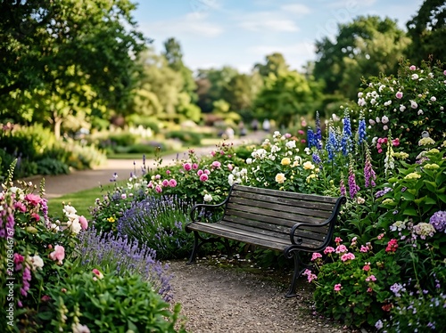 Beautiful wooden bench in a blooming public park garden with colorful flowers