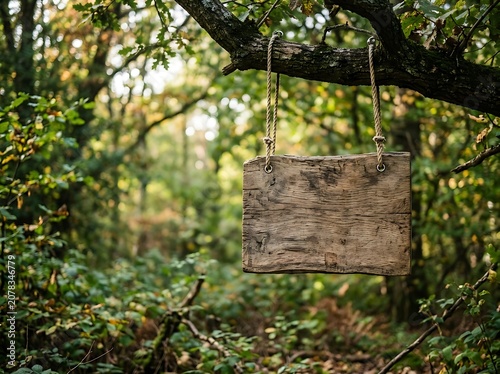 Blank Rustic Wooden Sign Hanging From a Tree Branch in a Lush Forest