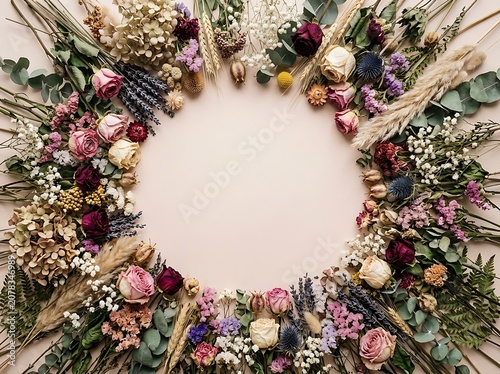 Circular floral frame of dried flowers and roses on pink background