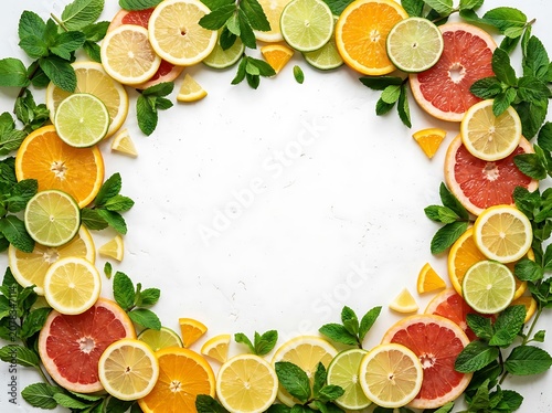 Citrus Fruit Slices and Mint Leaves Circular Border on White Background
