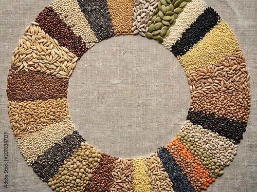 Circle of various healthy seeds grains and legumes on textured background