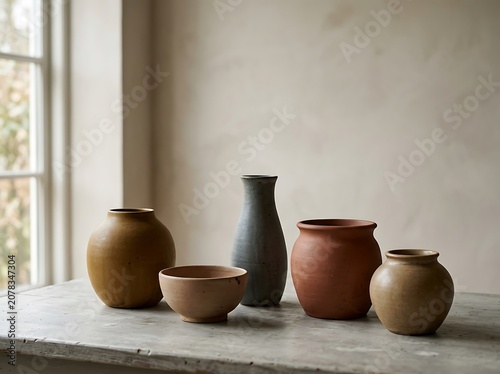 Collection of handmade rustic pottery on a wooden table in soft light