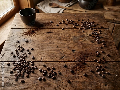 Coffee beans and grounds scattered on a rustic wooden table with mug